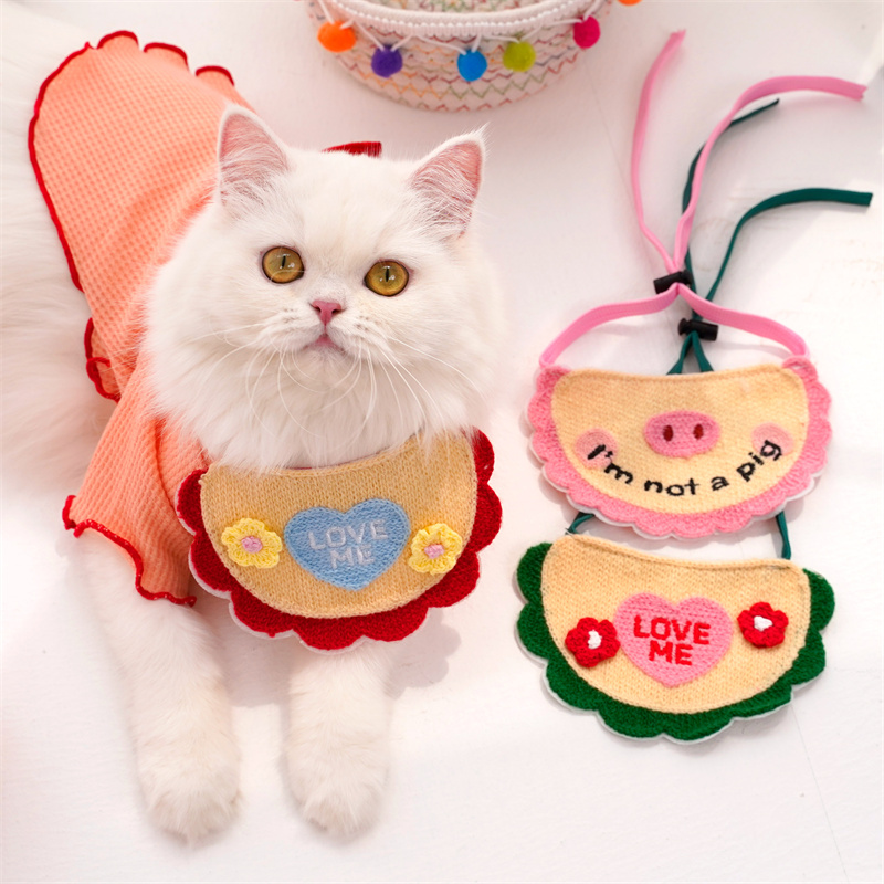 春秋宠物口水巾松紧系带装饰狗狗猫咪立体针织可爱卡通刺绣口水巾