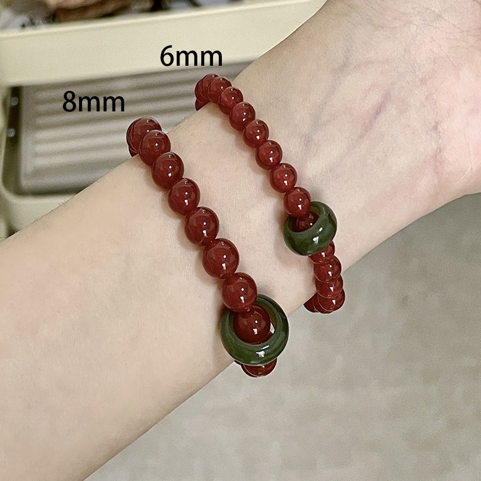 明瑜琼脂新中式国风复古红手链跑环红绿撞色圆珠手工串珠手串礼物