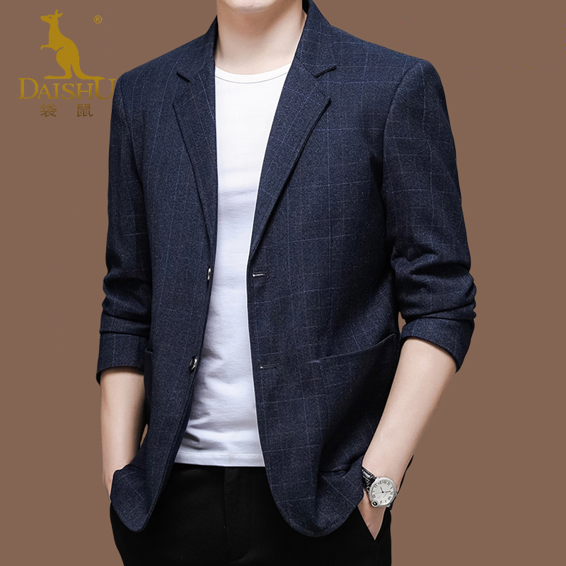 袋鼠春秋新款男士商务休闲西装时尚百搭外套宽松格子内口袋上衣服
