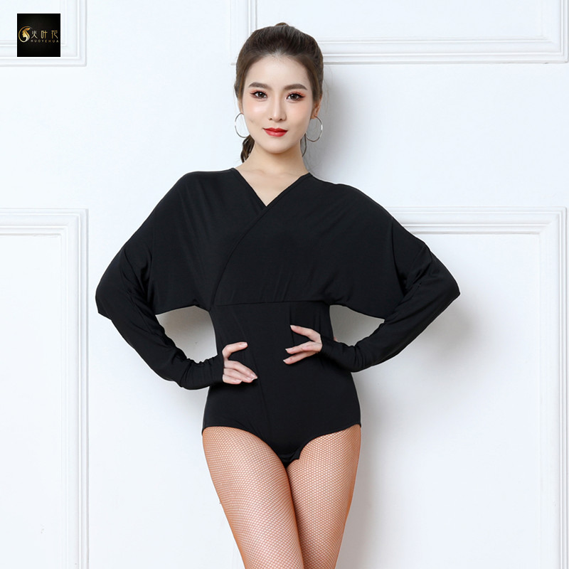 火叶花拉丁舞连体衣V领蝙蝠袖舞蹈练功服装长袖国标舞春秋女上衣