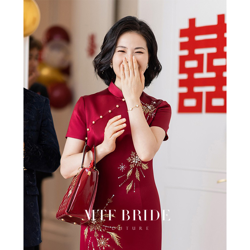 满庭芳华《枝上春雪》喜婆婆婚宴装中式重工气质红色旗袍旗袍长款