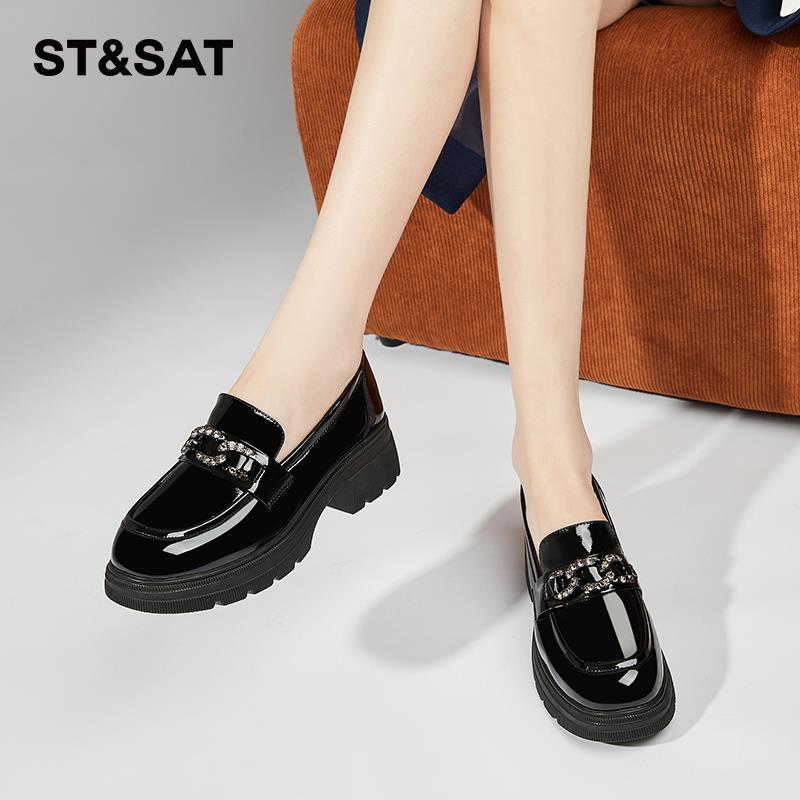 星期六厚底中跟乐福鞋女2025新款真皮水钻圆头单鞋春款通勤风女鞋