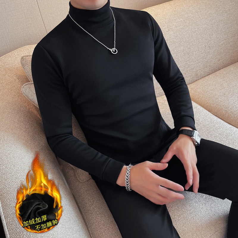 半高领长袖t恤男士秋冬加绒加厚修身紧身纯色休闲潮流百搭打底衫