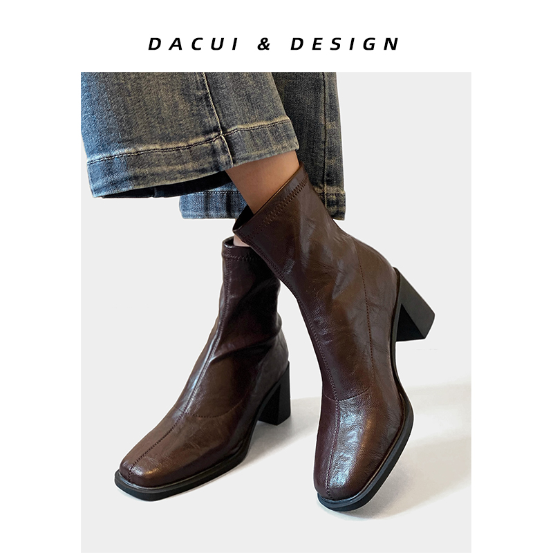 奥黛丽好笨气质短靴女2025秋冬弹力瘦瘦靴方头靴软皮不累脚粗跟靴