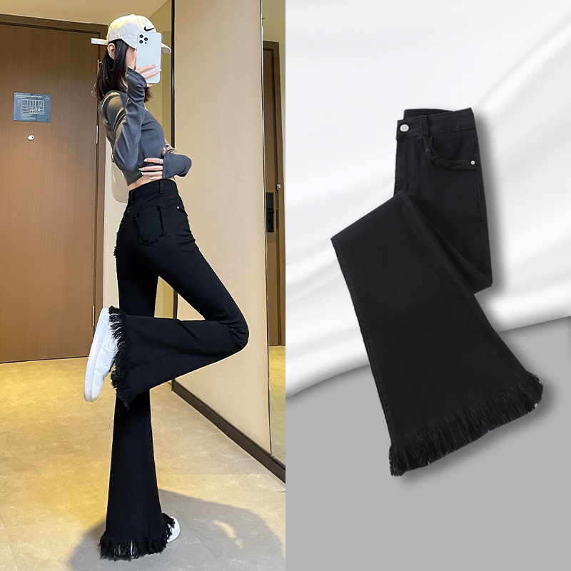 黑色微喇牛仔裤女爆款2025新款弹力高腰修身显瘦高个子流苏喇叭裤