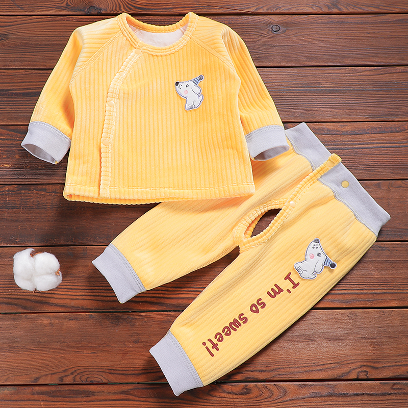 宝宝加绒保暖套装秋冬季男女宝宝分体外套一体绒打底两件套内衣