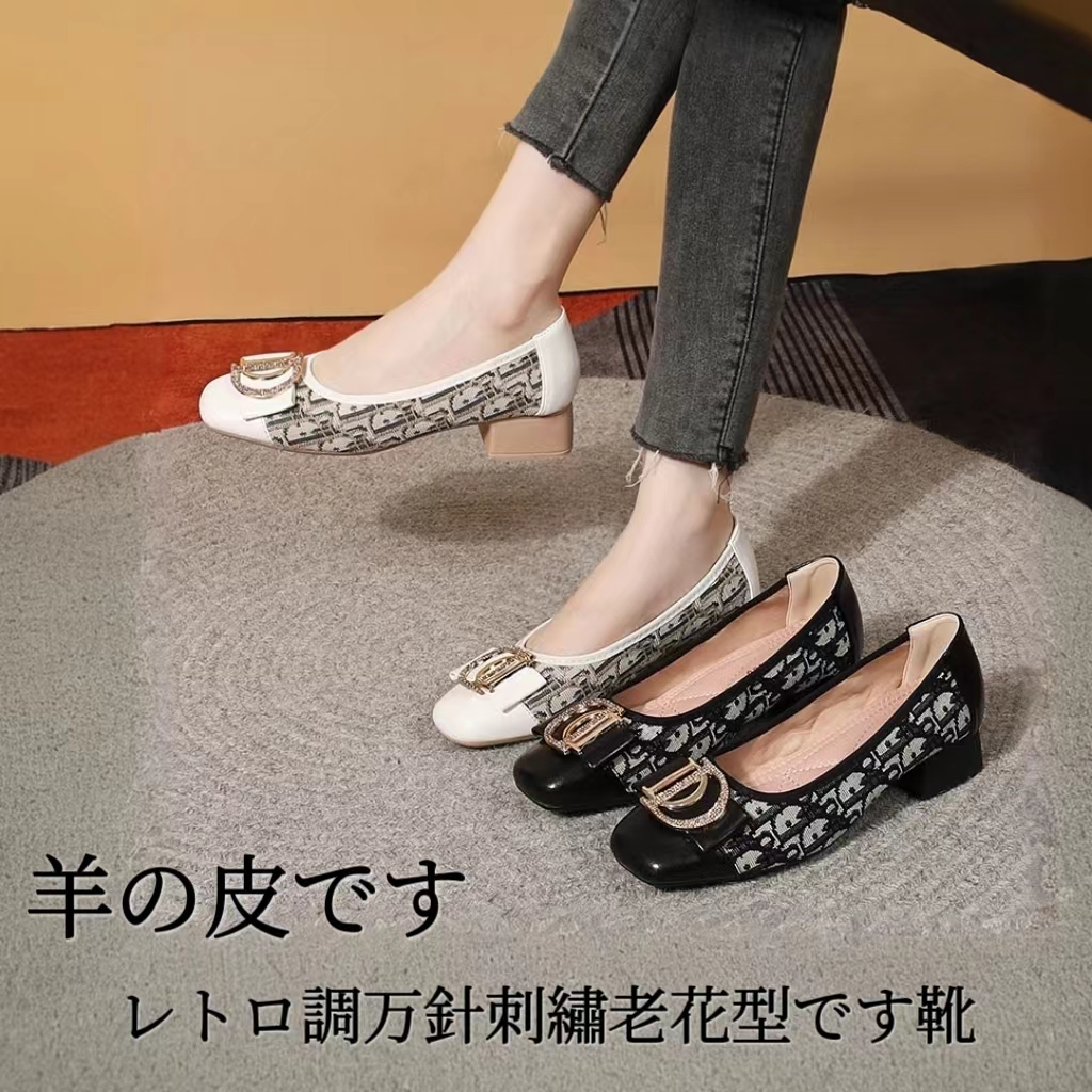 软底真皮浅口中跟久站不累脚透气刺绣小香风鞋女鞋方头豆豆鞋