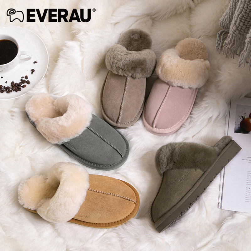 EVERAU家居鞋男女情侣同款拖鞋皮毛一体内里翻毛时尚又保暖EA2024