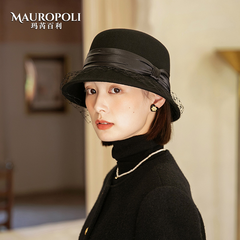 MauroPoli/玛芮百利秋冬季黑色帽子渔夫帽2024新款女法式羊毛礼帽