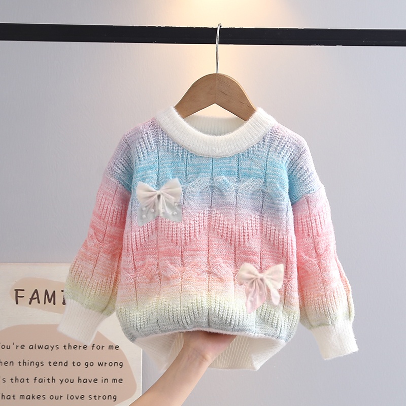 女童毛衣渐变彩虹秋冬加厚2025新款冬装儿童针织衫中洋气打底上衣