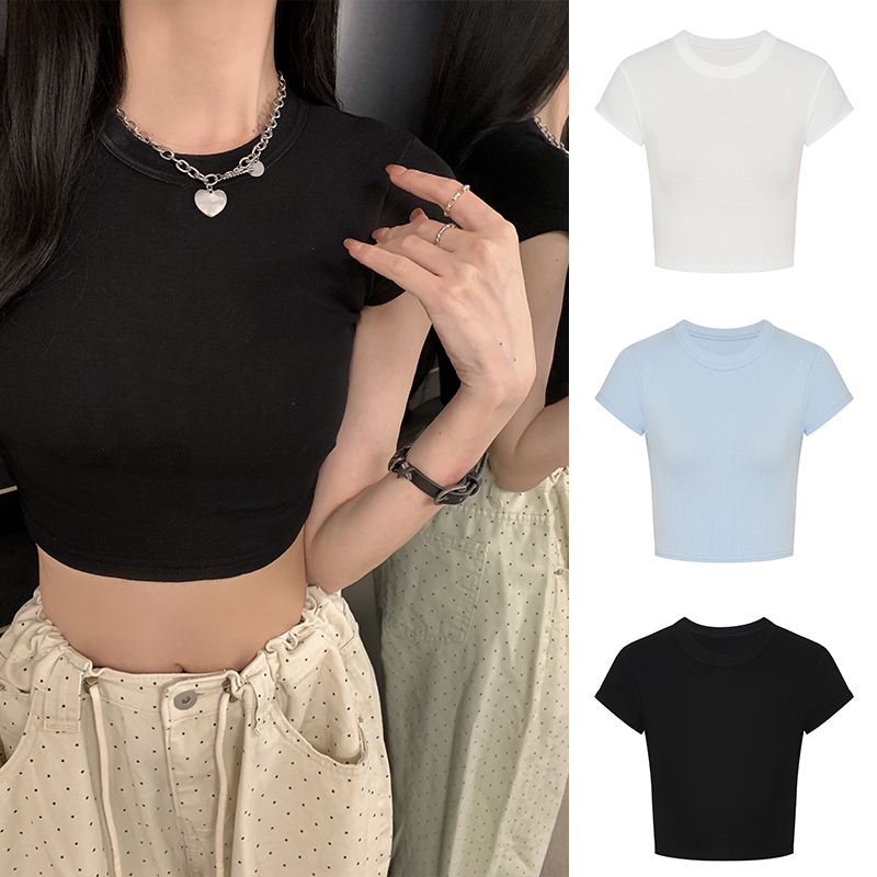 Moses Queen/魔西女王 时髦凉感短款露脐t恤女修身正肩辣妹短袖