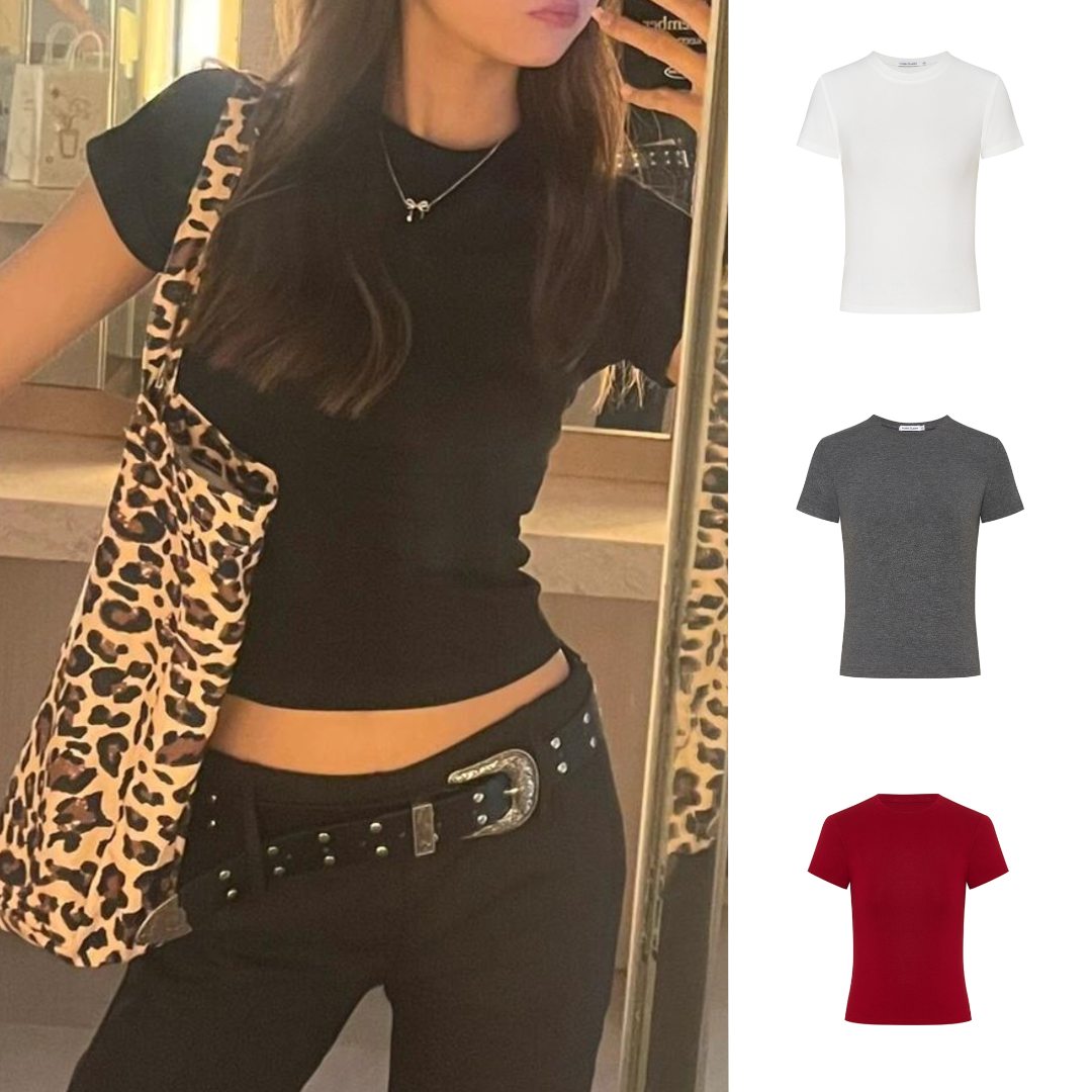 Moses Queen/魔西女王 收腰正肩t恤黑色短袖女修身辣妹短款打底衫