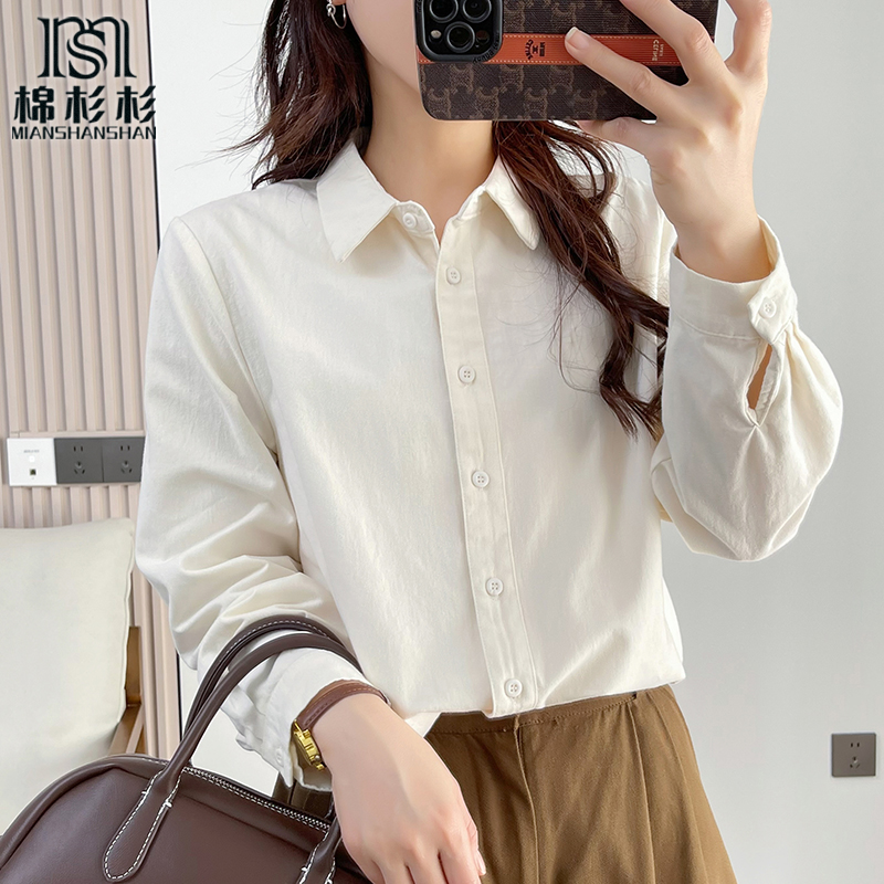 磨毛厚款纯棉长袖衬衫女 文艺尖领通勤宽松翻领打底纯色衬衣女