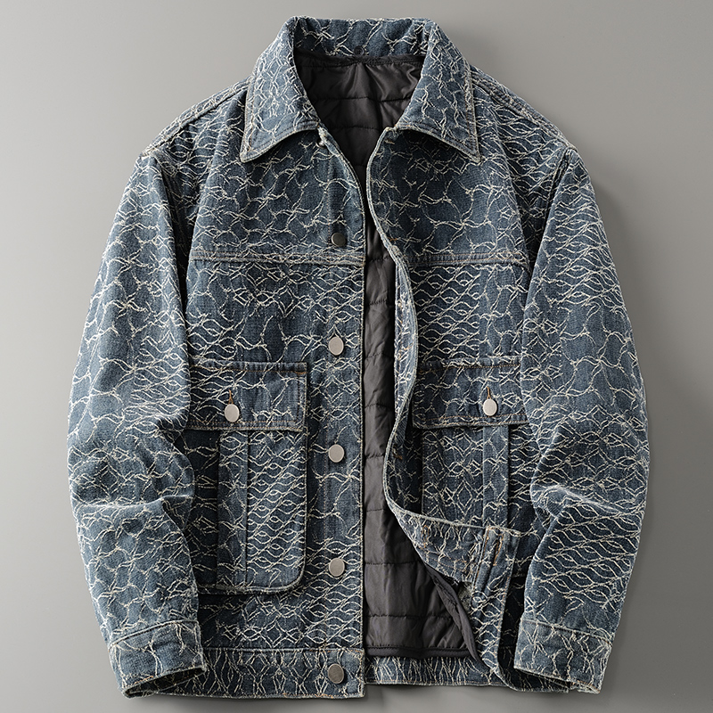 温纽旺设计感提花加绒牛仔外套男士冬季潮牌帅气宽松加棉加厚夹克