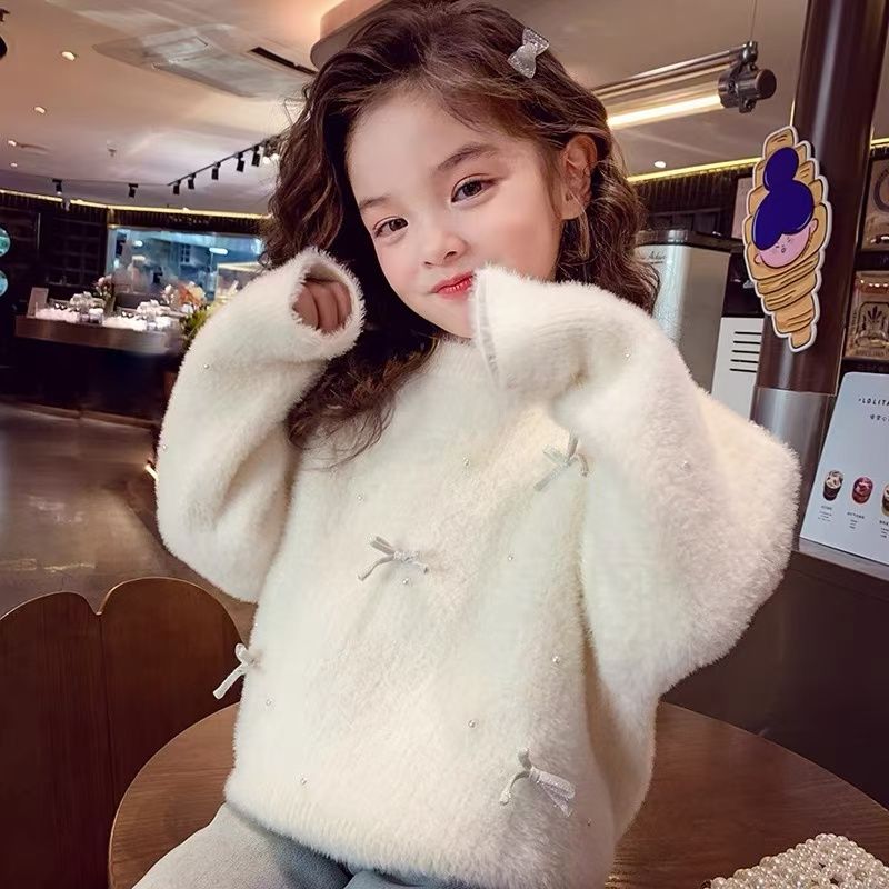 女童毛衣2024新款秋冬水貂绒加厚纯色上衣洋气针织打底衫