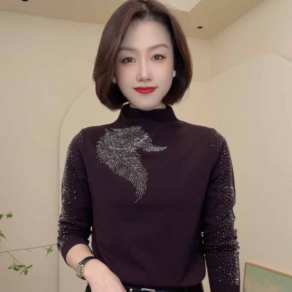 秋冬新款半高领气质洋气烫钻T恤时尚百搭设计感长袖简约女士小衫