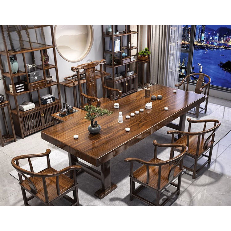 实木原木大板茶桌椅组合一桌五椅新中式家用茶几办公室泡茶台一体