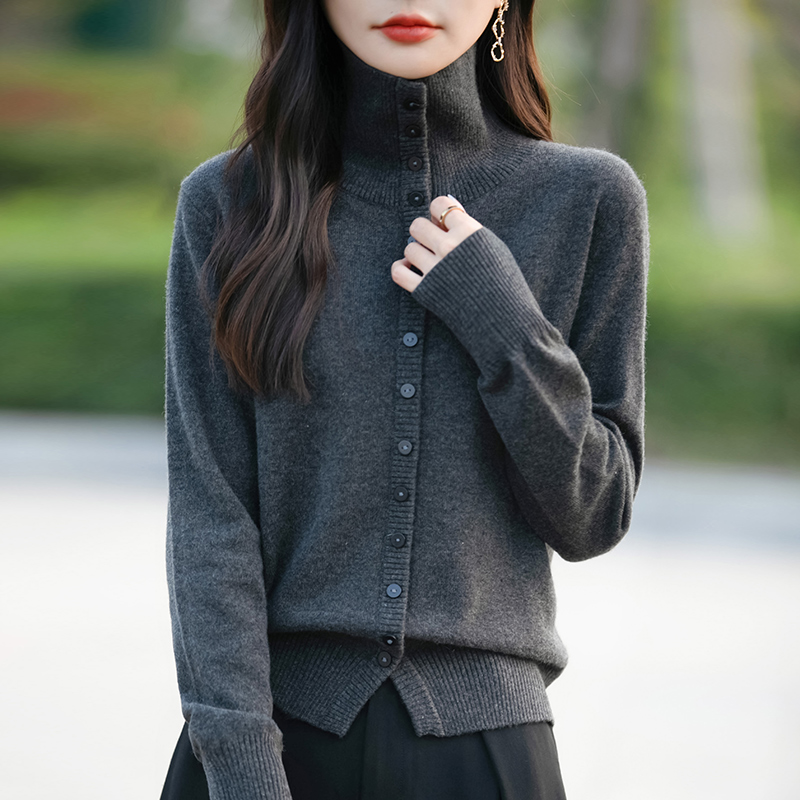 重磅加厚高翻领针织开衫女长袖针织打底衫保暖内搭洋气毛衣1176
