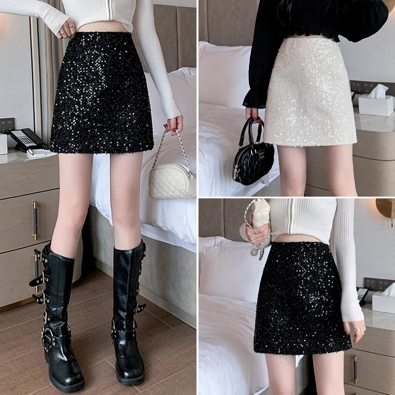 亮片半身裙女春秋高腰短裙2024年新款亮闪闪包臀裙显瘦a字裙子潮