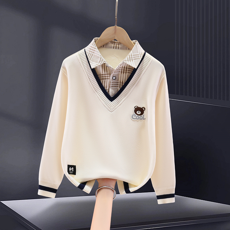 男童卫衣假两件春装加绒加厚秋冬款2024新款中大童保暖儿童男孩潮