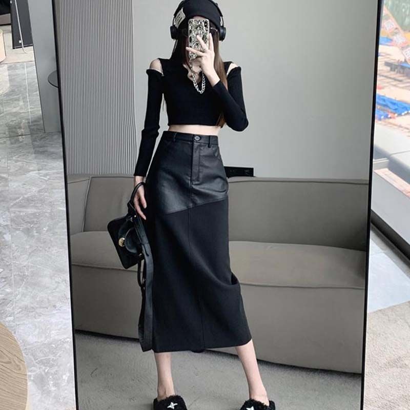 美式PU皮裙半身裙秋冬高腰气质拼接中长款一步裙显瘦包臀开叉长裙