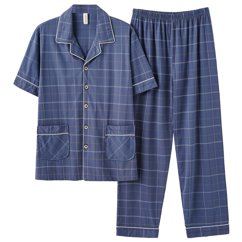 中老年人爸爸夏季薄款100%纯棉男睡衣短袖长裤全棉半袖宽松家居服