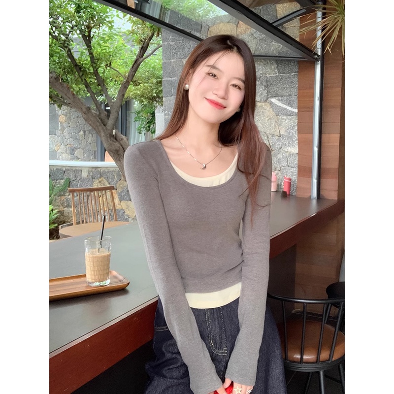 高级灰假两件拼接设计感长袖T恤女秋打底衫正肩修身显瘦辣妹上衣1