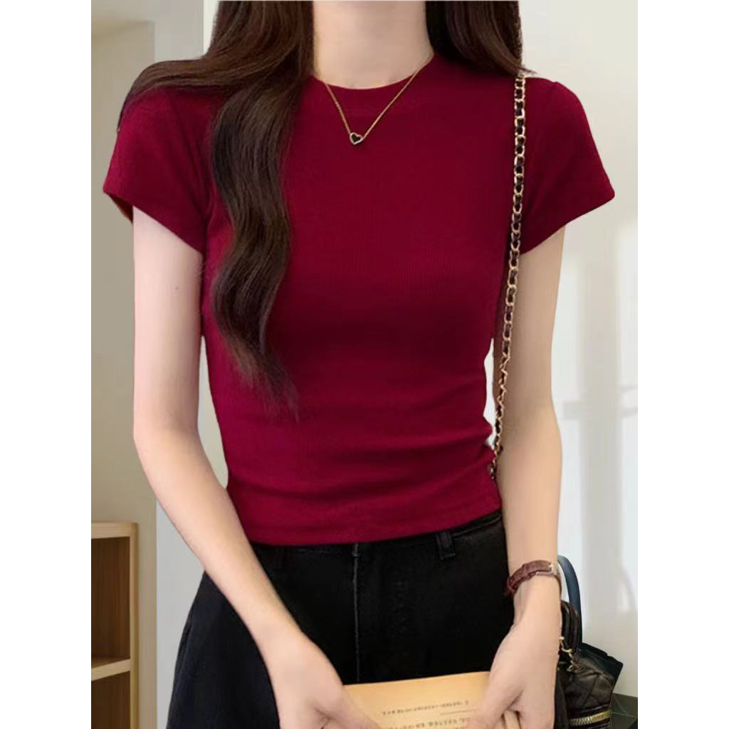 复古酒红色显白短款紧身辣妹正肩短袖t恤女2024夏季爆款修身上衣1