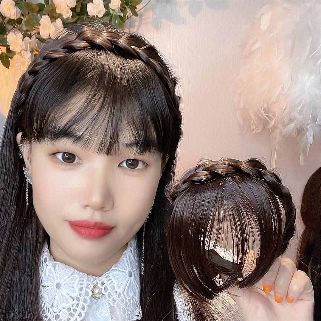 遮盖假发发箍刘海一体假发发箍前额遮白发显发量三股辫刘海发箍