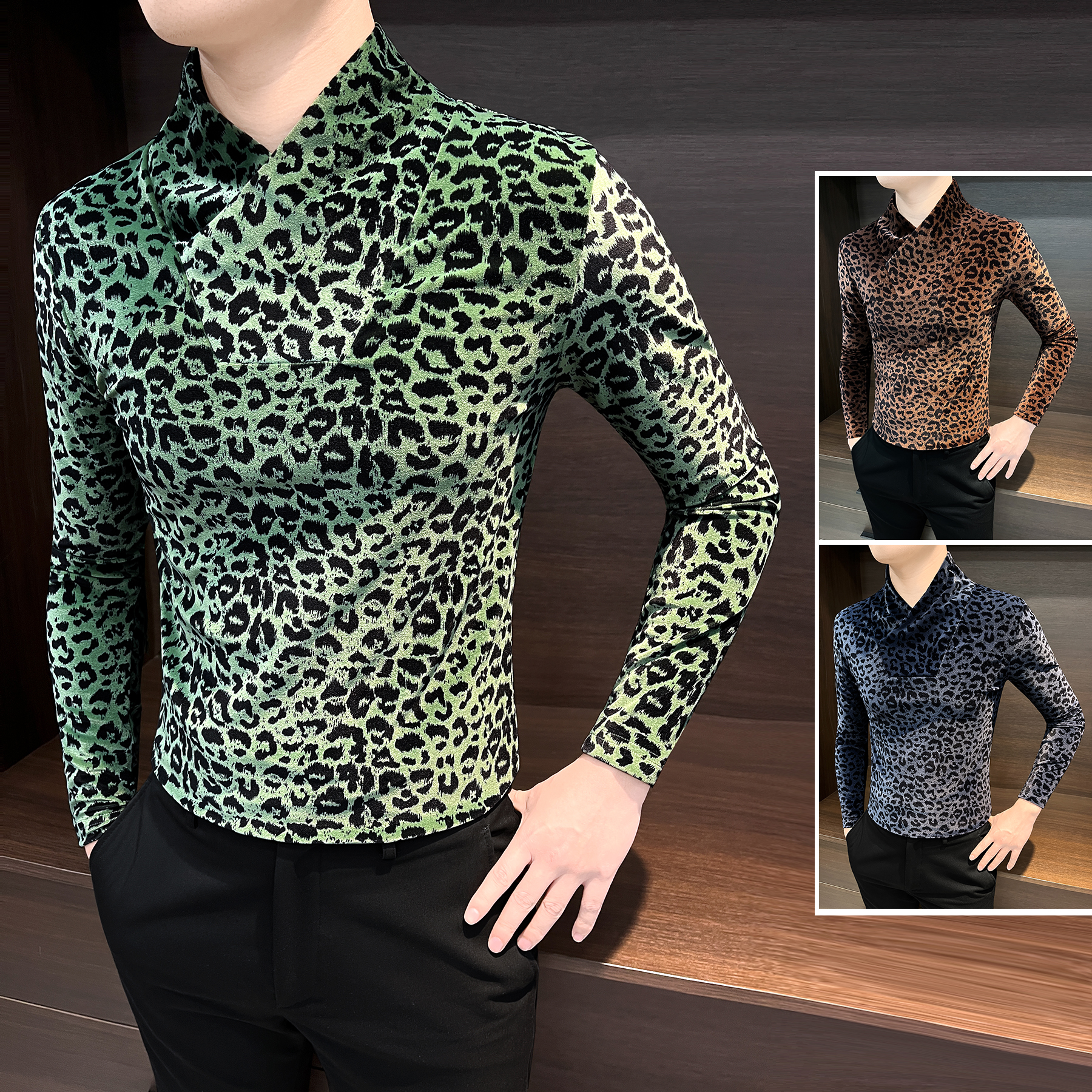 豹纹男士打底衫秋季新款网红款潮牌男装潮流修身V领男款长袖t恤衫
