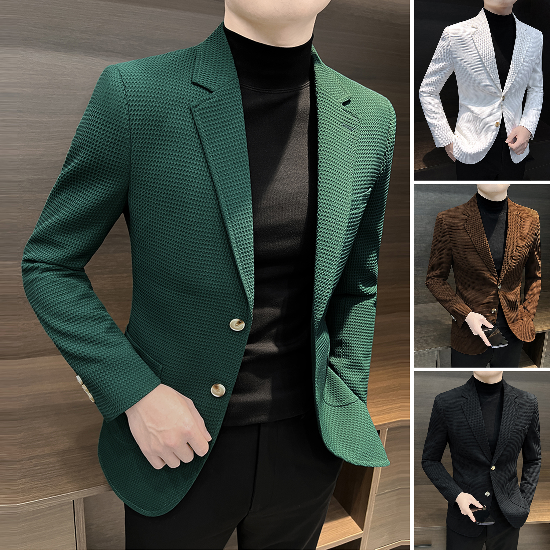 华夫格西装外套男秋季2026新款商务休闲男装韩版修身男士痞帅西服