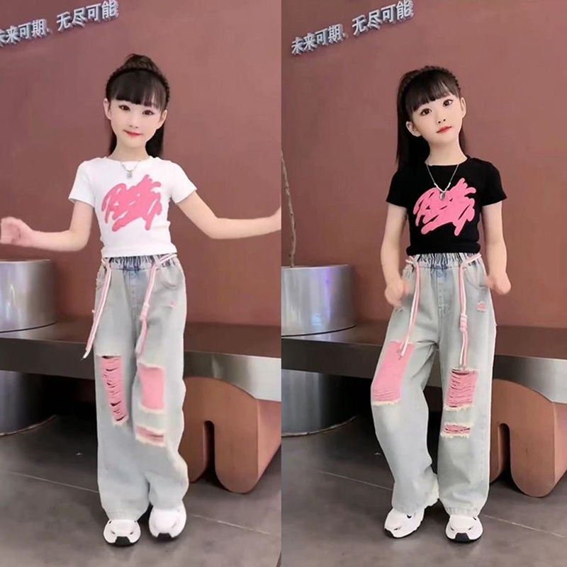 女童夏季套装2025新款休闲印花时髦上衣儿童阔腿破洞裤子两件套潮