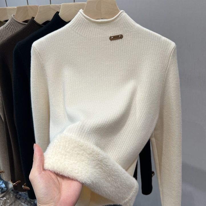 专柜品质一体绒半高领新款秋冬季加绒加厚洋针织衫保暖上衣打底