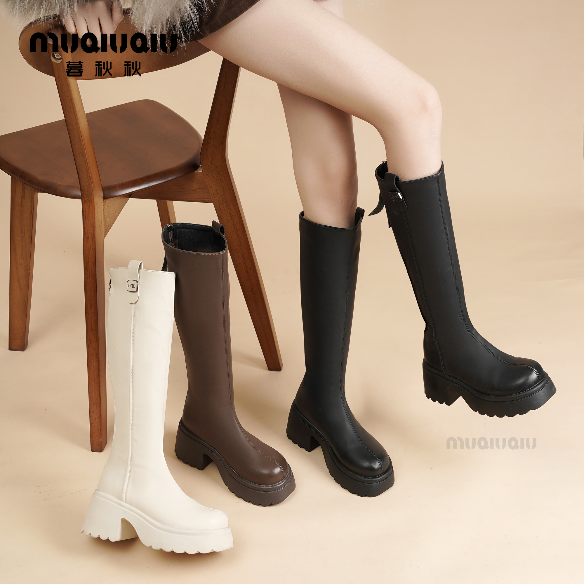 暮秋秋2025秋冬季长靴女新款骑士靴厚底小个子百搭不掉筒长筒靴潮