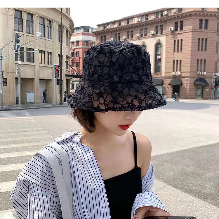 蕾丝渔夫帽女韩版百搭潮遮脸夏季薄款花朵镂空太阳帽防晒遮阳帽子