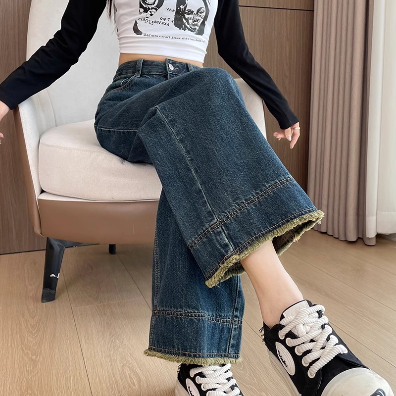 爆款毛边阔腿牛仔裤小个子春秋季新款高腰宽松显瘦九分休闲直筒裤