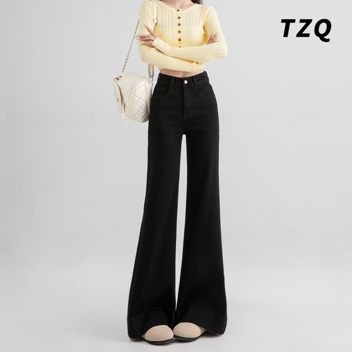黑色百搭不贴腿微喇牛仔裤女2025夏季美式高腰小个子拖地喇叭长裤