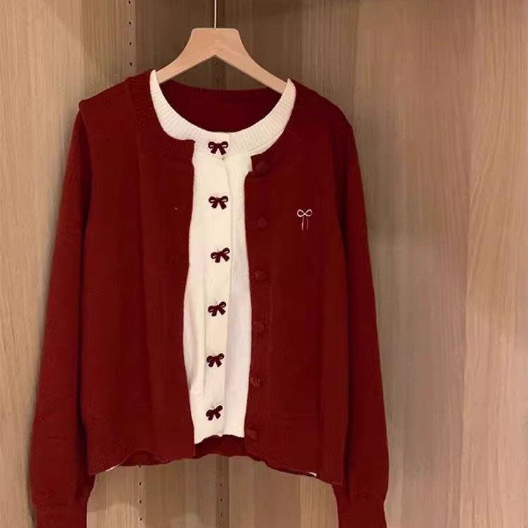 韩系蝴蝶结红色假两件开衫毛衣女秋冬2025新款松弛感慵懒风针织衫