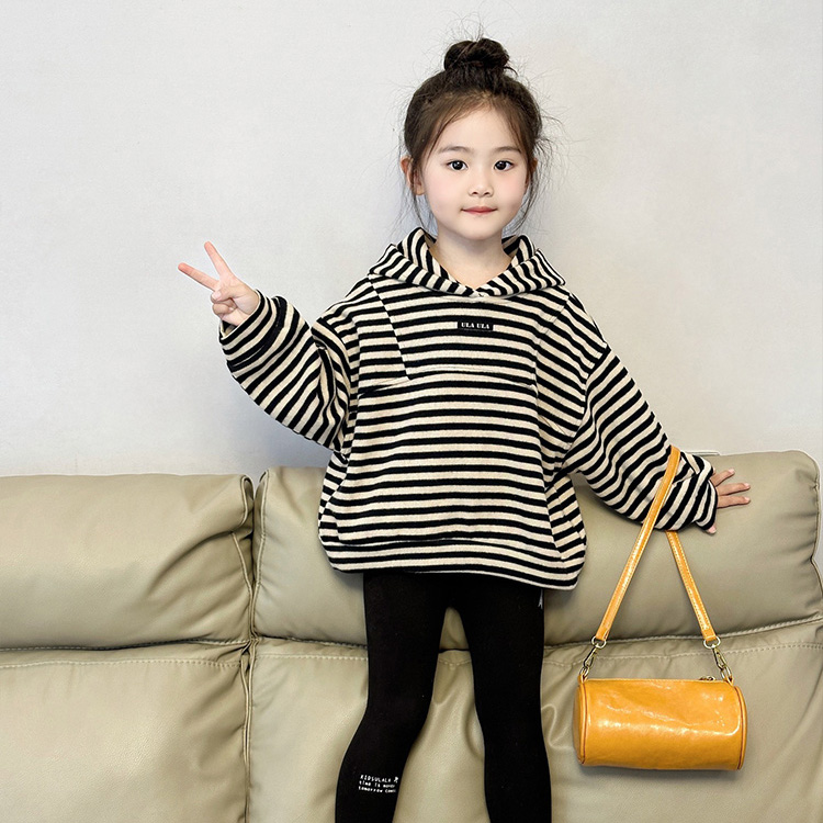 女童连帽秋冬加绒卫衣2025新款韩版洋气儿童条纹百搭加厚宝宝上衣