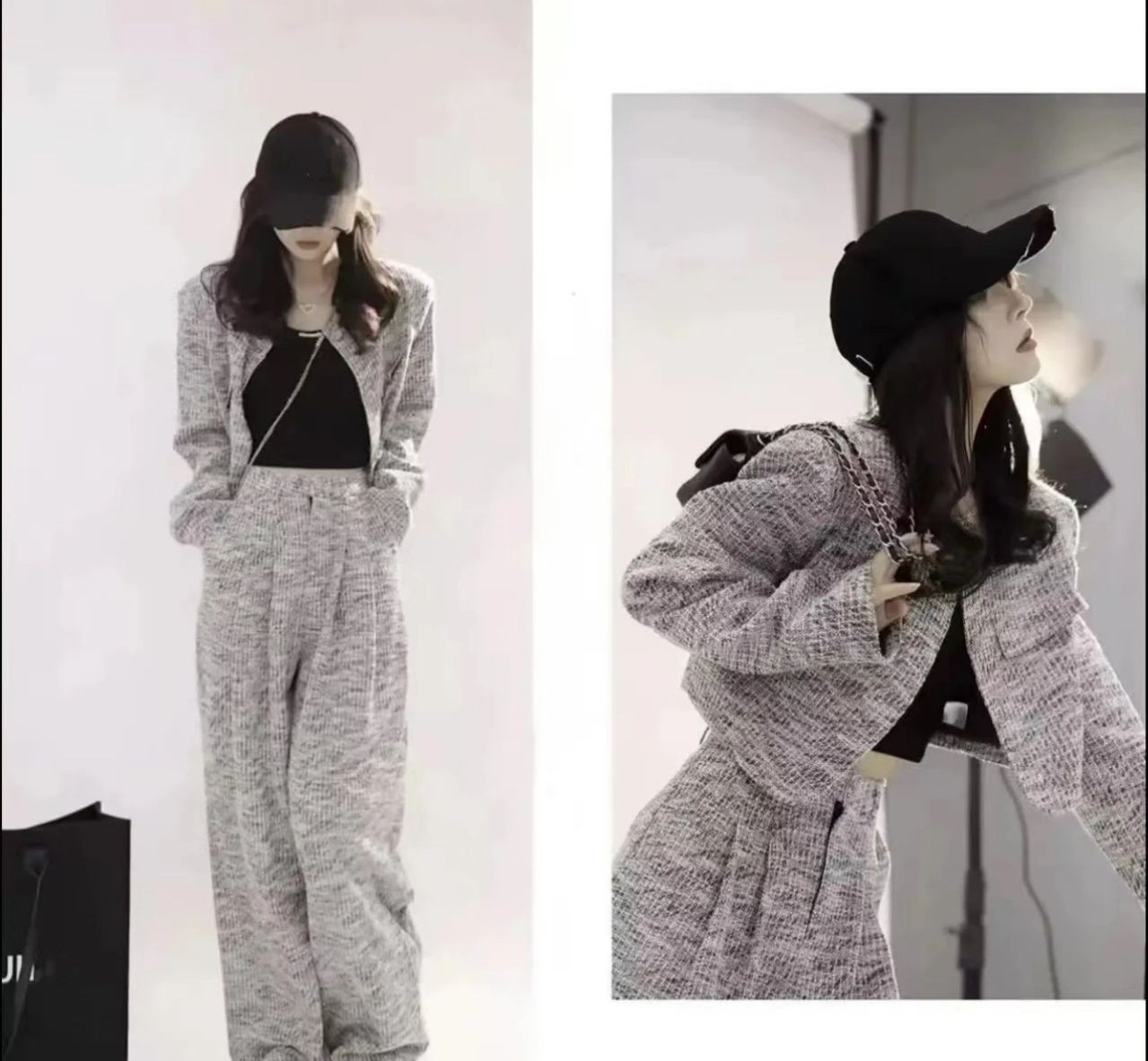 2025年秋季时尚百搭高级粗花呢短款外套高腰阔腿裤小香风显瘦套装