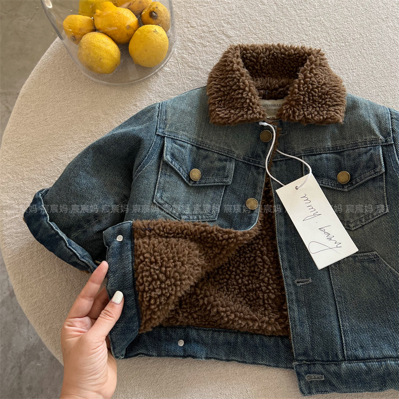 中小男女童加绒外套冬新款男童羊驼毛加绒牛仔衣宝宝加绒上衣潮款