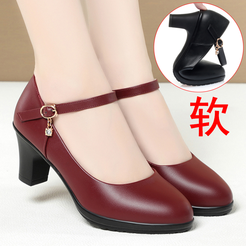 软底润月鞋高跟一字扣带红色跳舞走秀中年妈妈鞋皮鞋闰月单鞋女鞋