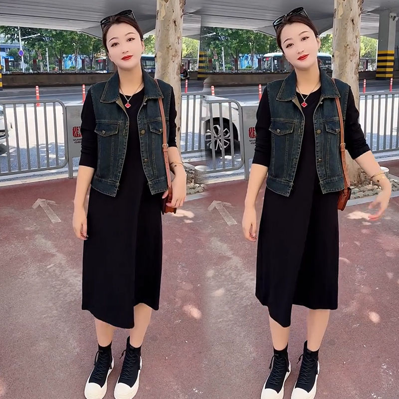 新款2025牛仔马甲长裙两件套女春时尚宽松大码洋气网红连衣裙套装