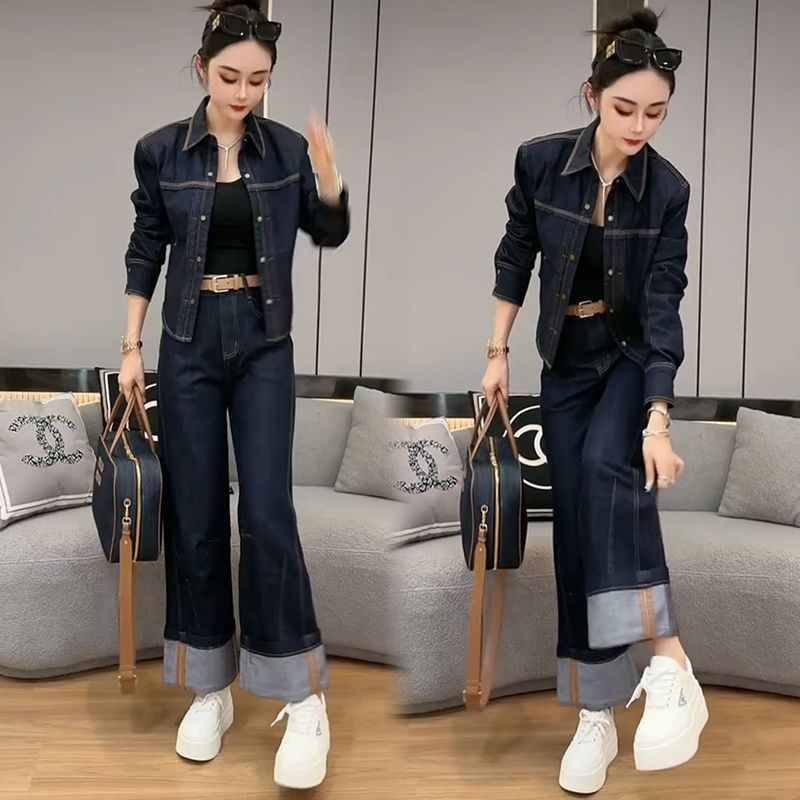 时尚休闲牛仔套装春季女2025宽松大码新款显瘦减龄外套阔腿两件套