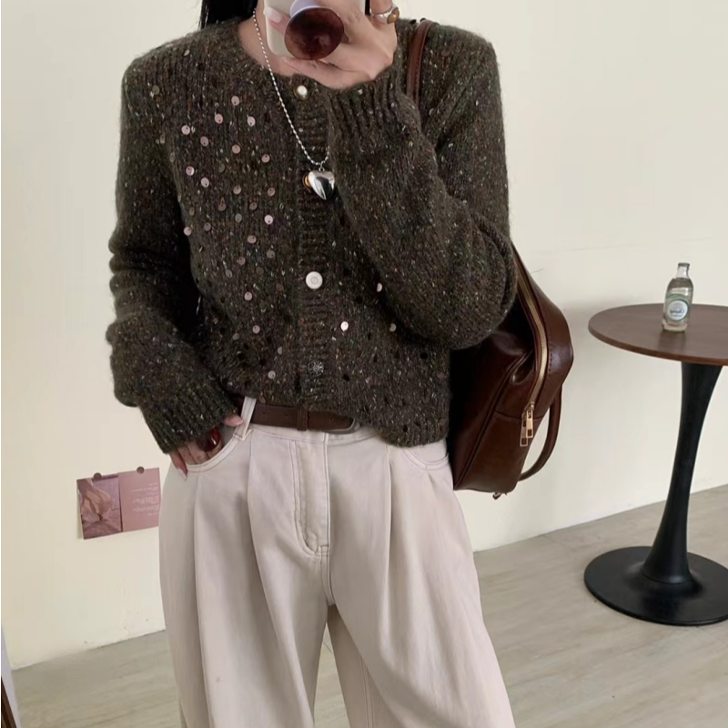 雅丹花色亮片针织上衣短款法式秋季早秋春秋厚款粗线开衫秋天圆领