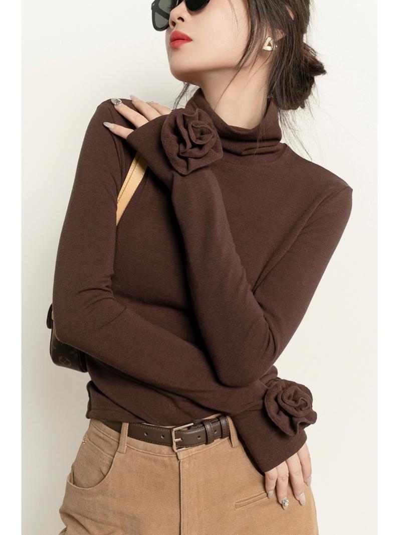 潮葩 精致扎花 美拉德咖色加绒高领打底衫女秋冬修身高弹长袖T恤