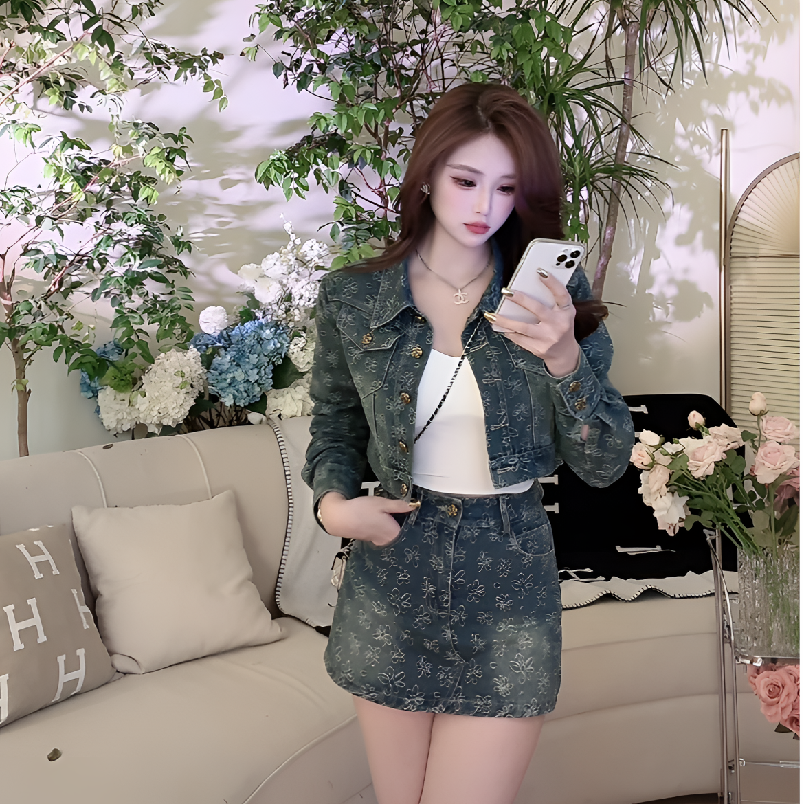 显瘦牛仔短裙半裙长袖外套两件套装时尚新款春秋季女洋气提花高腰