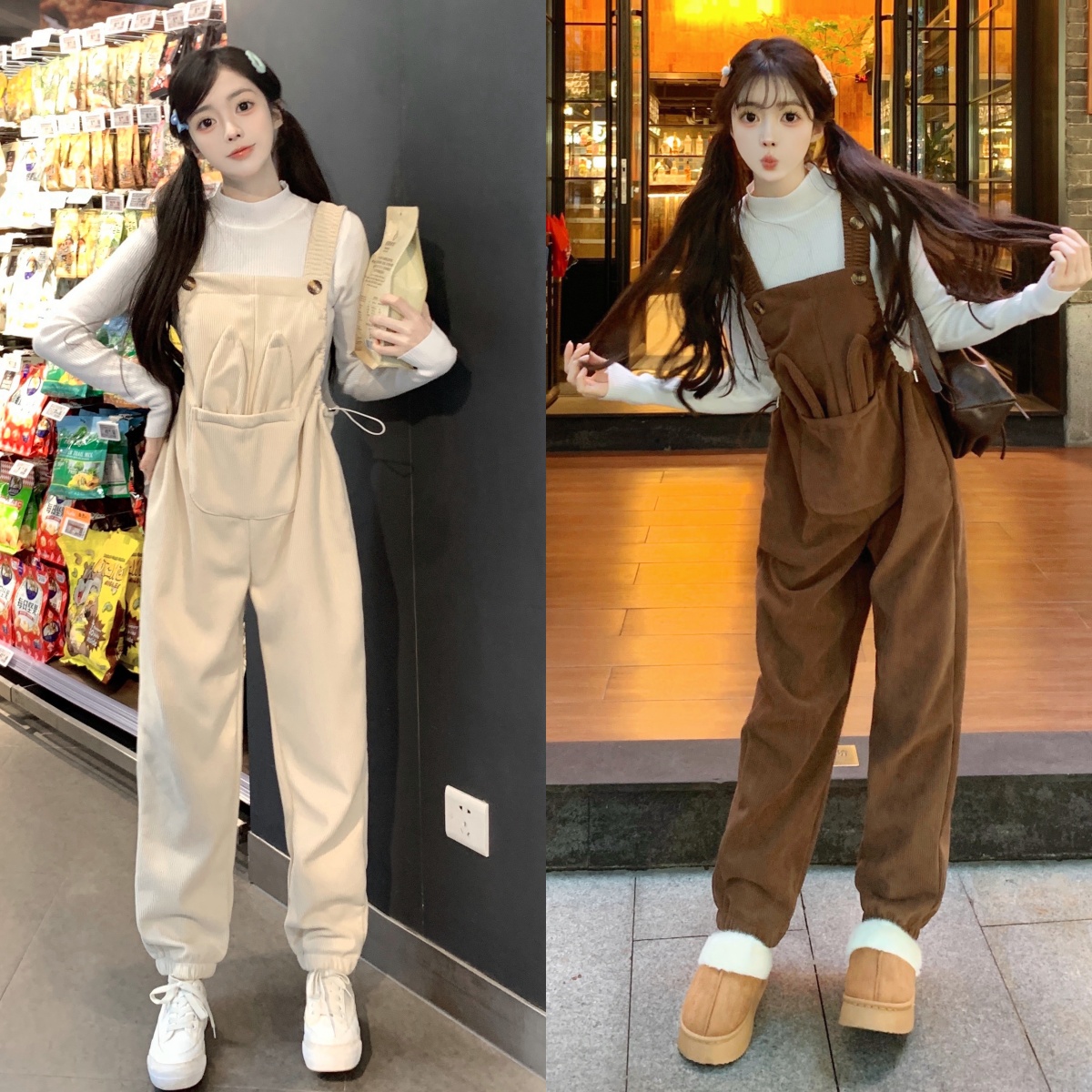 孕妇背带裤秋冬新款加绒加厚外穿韩版背带裤减龄大码冬季时尚网红