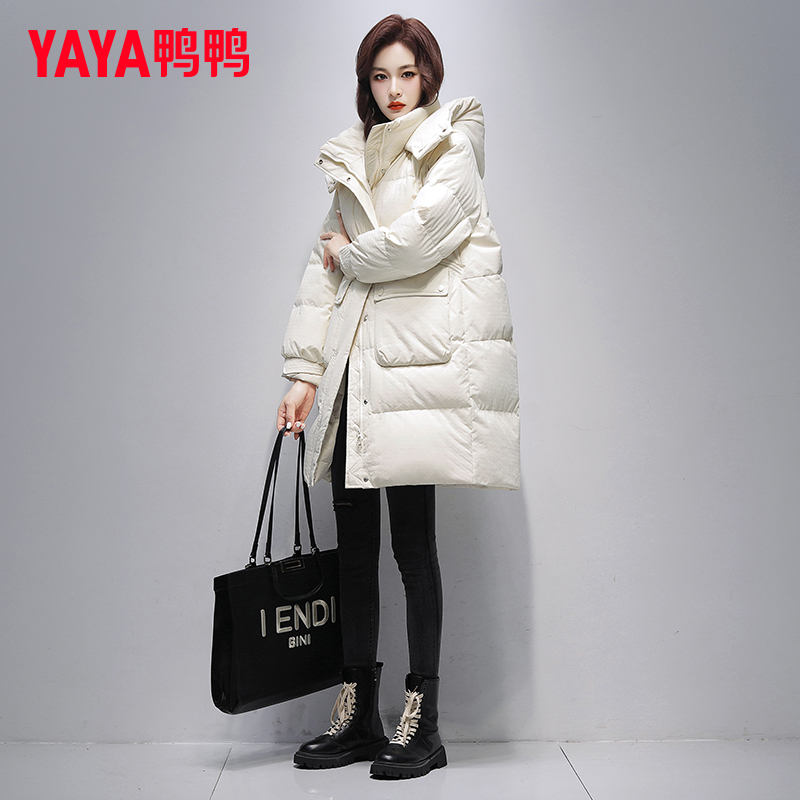 YAYA/鸭鸭中长款羽绒服女2025冬新款加厚连帽宽松休闲洋气外套潮