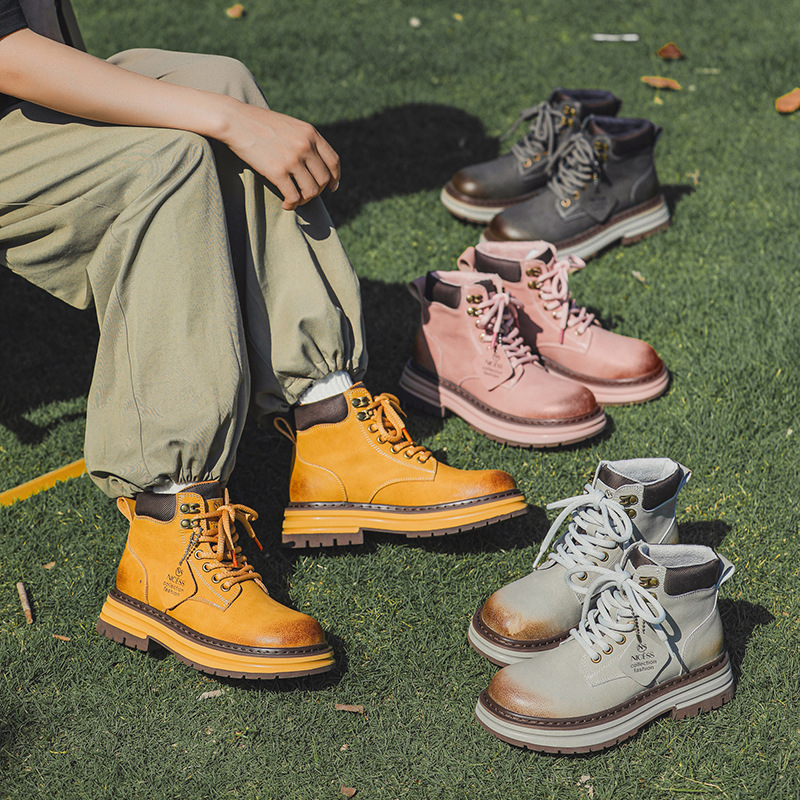 踢不烂男女大黄靴牛皮厚底马丁靴子女复古中筒登山大码情侣短靴